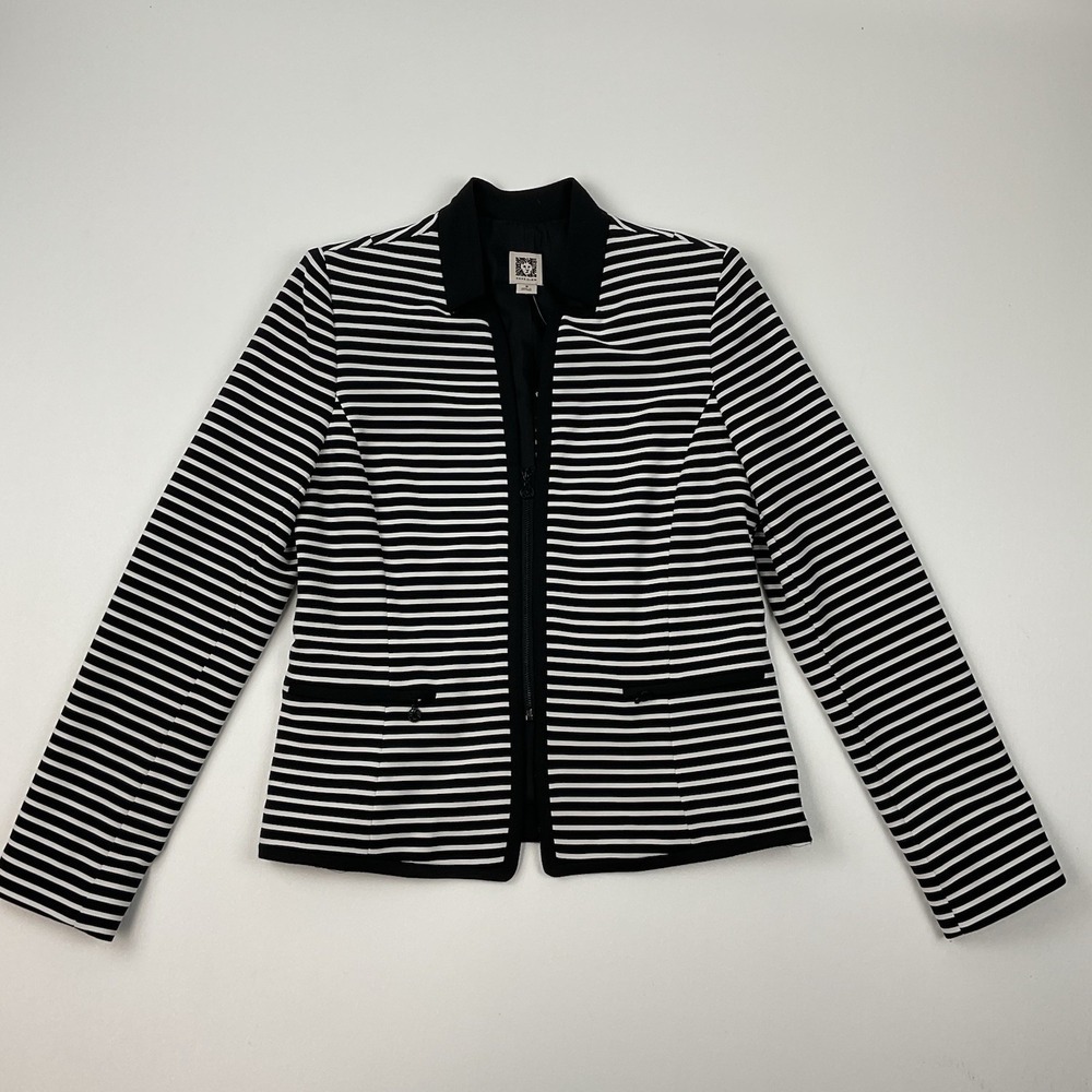 Anne Klein Striped Blazer Womens 8 Zip‎ Up Career Work Jacket Padded Shoulders